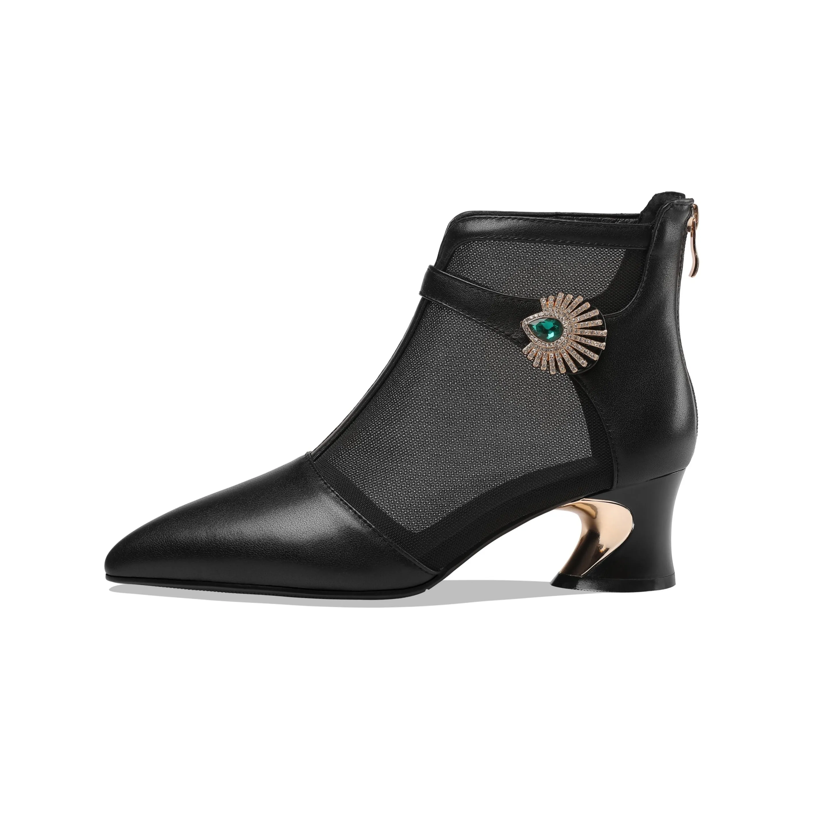 TinaCus Women's Genuine Leather and Mesh Handmade Spool Heel Zip Up Crystal Decor Stylish Ankle Boots