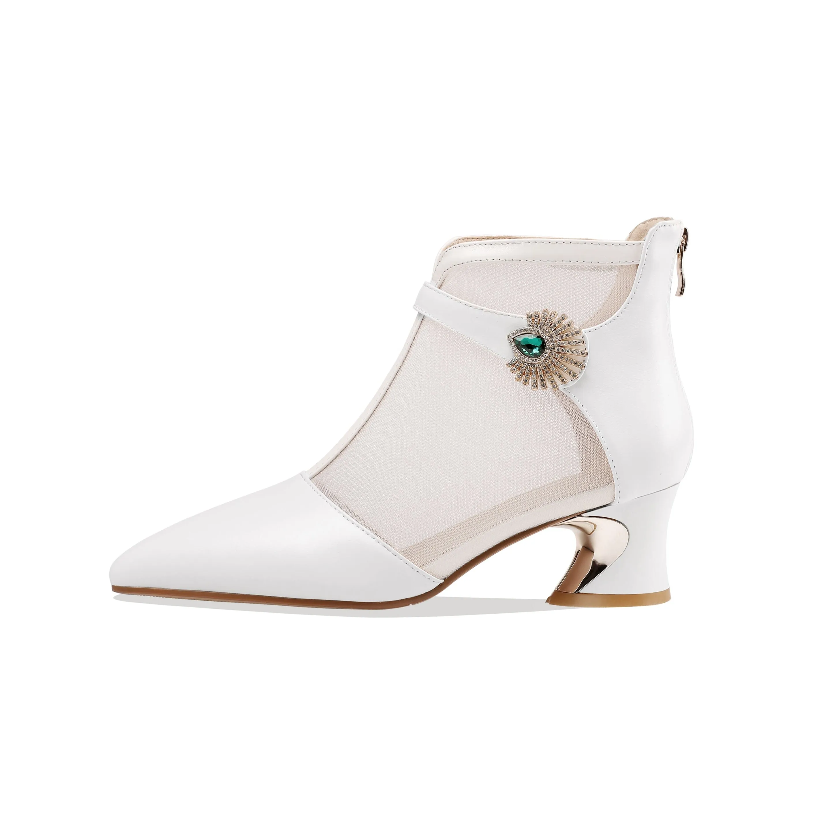TinaCus Women's Genuine Leather and Mesh Handmade Spool Heel Zip Up Crystal Decor Stylish Ankle Boots