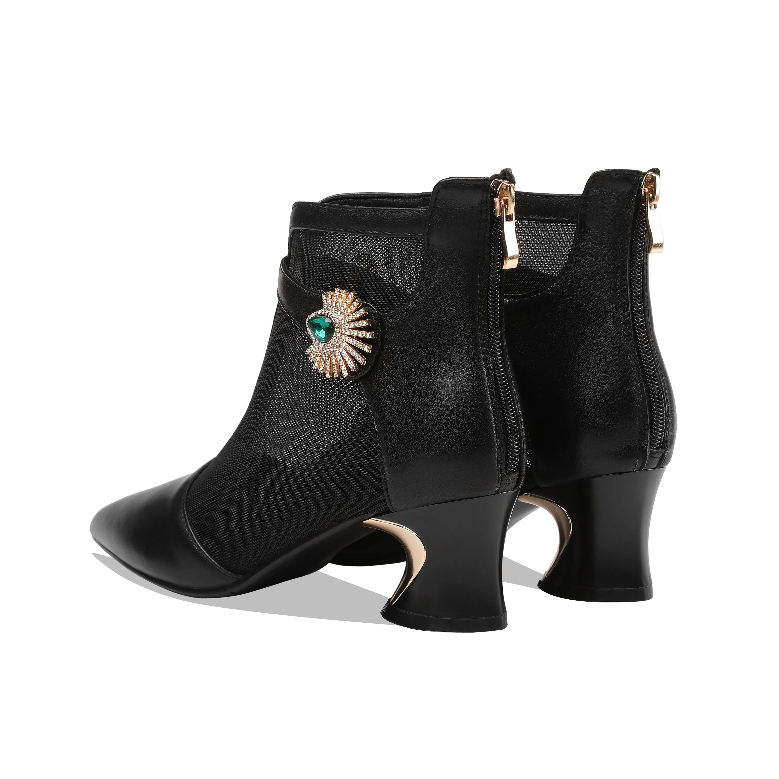 TinaCus Women's Genuine Leather and Mesh Handmade Spool Heel Zip Up Crystal Decor Stylish Ankle Boots