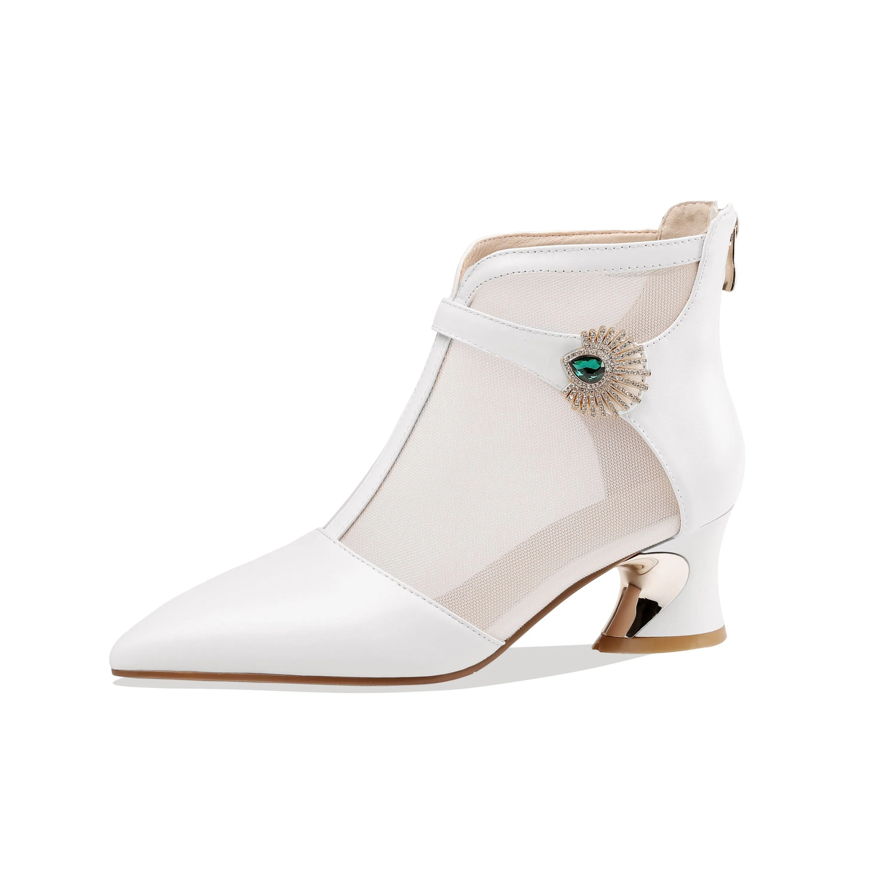 TinaCus Women's Genuine Leather and Mesh Handmade Spool Heel Zip Up Crystal Decor Stylish Ankle Boots