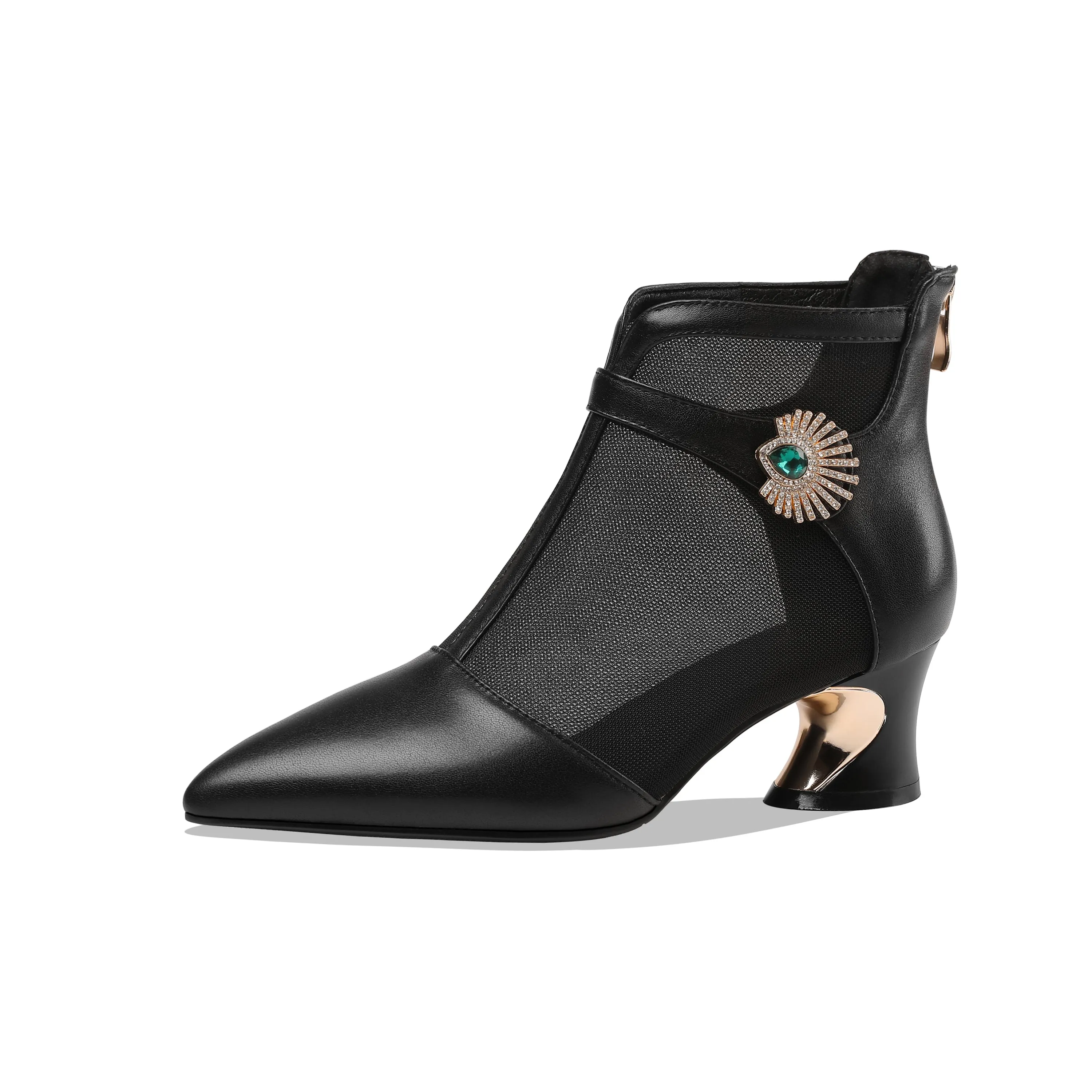 TinaCus Women's Genuine Leather and Mesh Handmade Spool Heel Zip Up Crystal Decor Stylish Ankle Boots