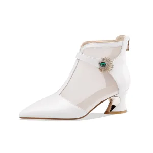 TinaCus Women's Genuine Leather and Mesh Handmade Spool Heel Zip Up Crystal Decor Stylish Ankle Boots