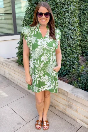 Tropical Serenade Ruffle Print Green Dress