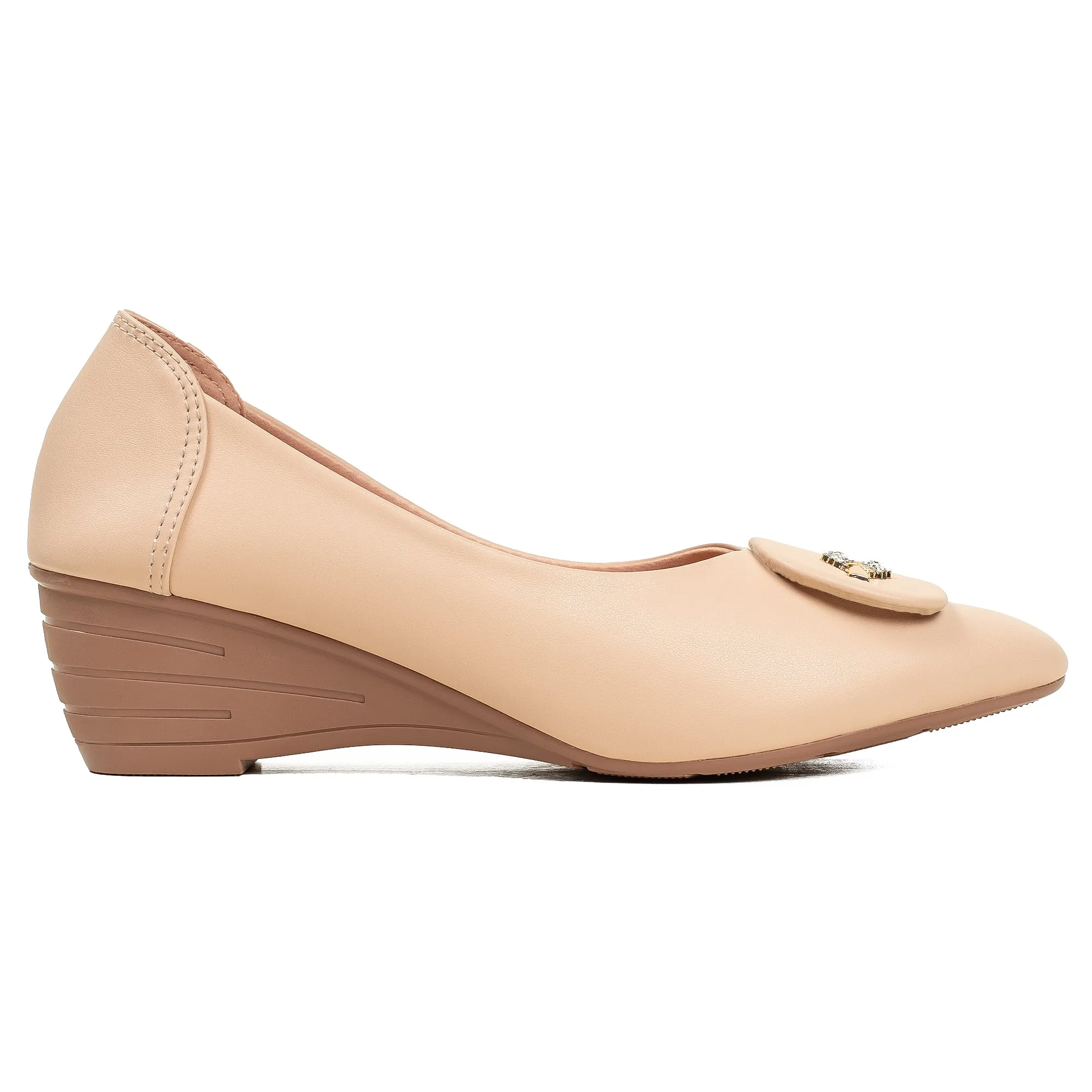 Vibrant Ladies Beige Wedge Heel Closed-Toe Shoes – Stylish & Comfortable Office & Party Footwear