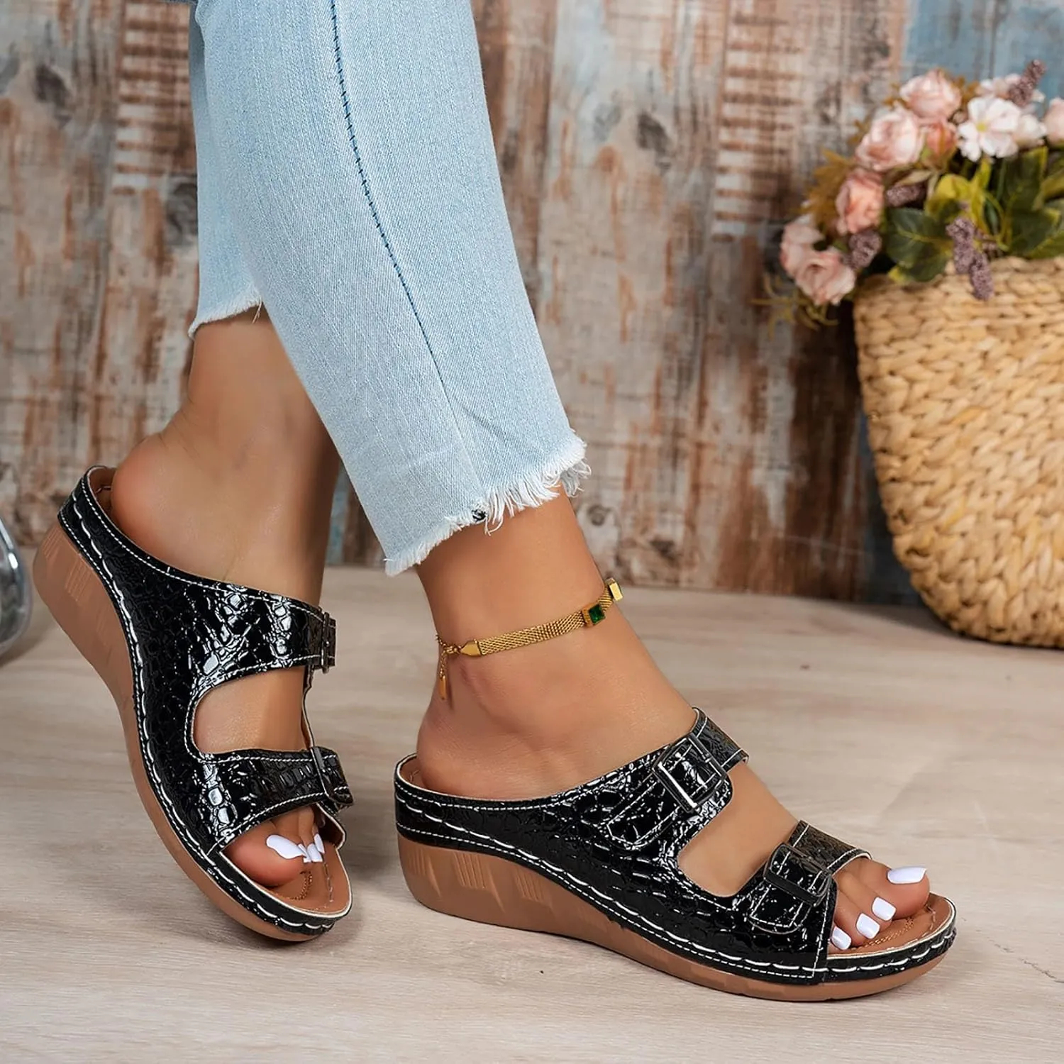 Wedge Sandals for Women Dressy 2025 Summer Casual Orthopedic Open Toe Hollow Out Two Dress Sandals Fashion Backless Boho Beach Vacation Travel Dress Shoes Comfortable Outdoor Shoes