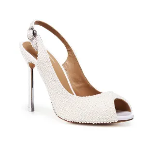 White Heel Jewelry Peep Toe Buckle Sandals