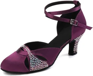 Women Ballroom Dance Shoes Satin Close Toe Rhinestone Salsa Tango Modern Latin Performance Dancing Shoes,Model YCL157-6cm Heel