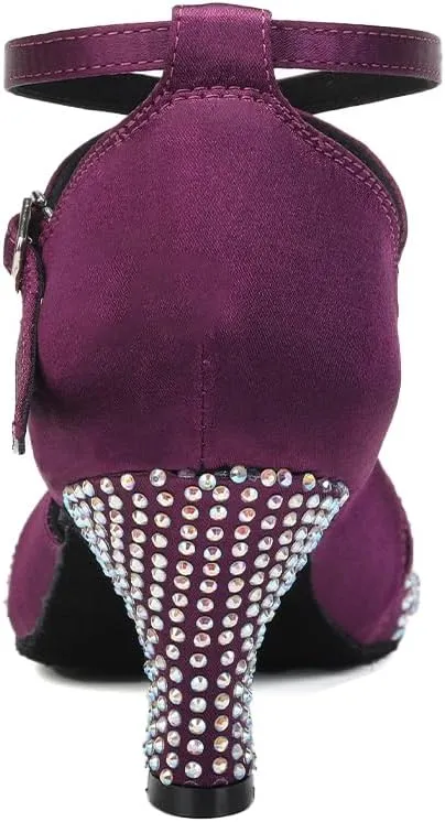 Women Ballroom Dance Shoes Satin Close Toe Rhinestone Salsa Tango Modern Latin Performance Dancing Shoes,Model YCL157-6cm Heel