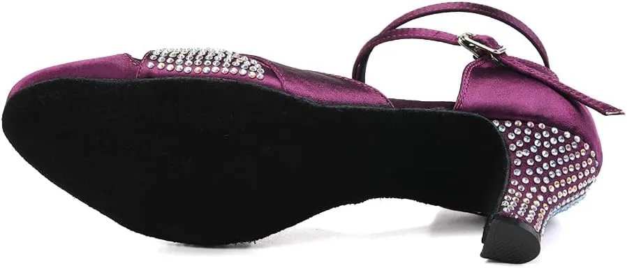 Women Ballroom Dance Shoes Satin Close Toe Rhinestone Salsa Tango Modern Latin Performance Dancing Shoes,Model YCL157-6cm Heel