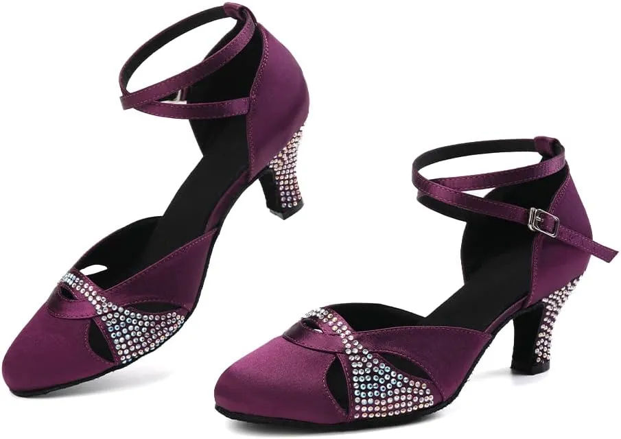 Women Ballroom Dance Shoes Satin Close Toe Rhinestone Salsa Tango Modern Latin Performance Dancing Shoes,Model YCL157-6cm Heel