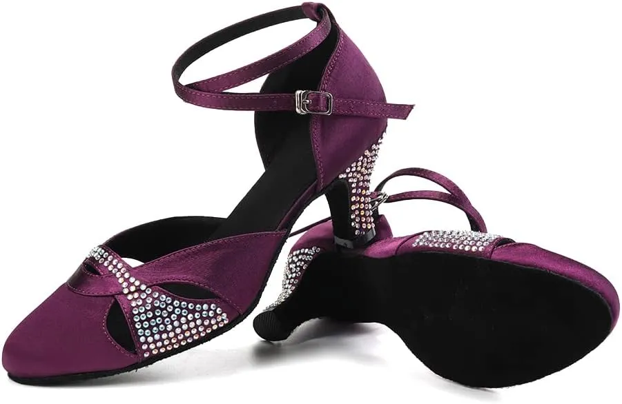 Women Ballroom Dance Shoes Satin Close Toe Rhinestone Salsa Tango Modern Latin Performance Dancing Shoes,Model YCL157-6cm Heel
