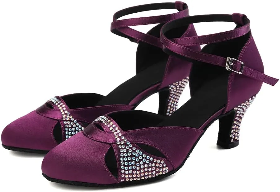 Women Ballroom Dance Shoes Satin Close Toe Rhinestone Salsa Tango Modern Latin Performance Dancing Shoes,Model YCL157-6cm Heel