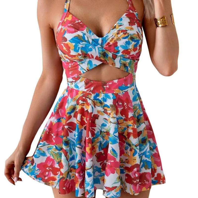 Women Cutout One Piece Skirt Swimsuit Tie Back Tummy Control Swimdress