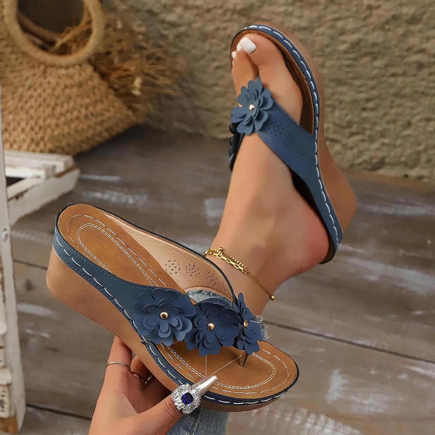Women Orthopedic Wedge Flip Flops 2025 Summer Casual Fashionable Flower Decoration Elastic Strap Sandals Wide Width Walking Dress Shoes for Party Casual Beach Vacation