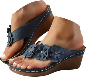 Women Orthopedic Wedge Flip Flops 2025 Summer Casual Fashionable Flower Decoration Elastic Strap Sandals Wide Width Walking Dress Shoes for Party Casual Beach Vacation