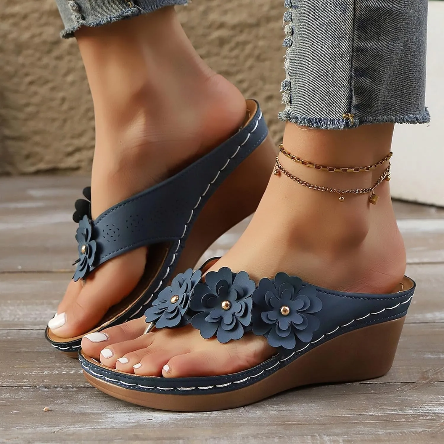 Women Orthopedic Wedge Flip Flops 2025 Summer Casual Fashionable Flower Decoration Elastic Strap Sandals Wide Width Walking Dress Shoes for Party Casual Beach Vacation